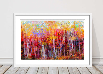 Colourful Autumn trees. Oil painting vibrant colours framed picture print choice
