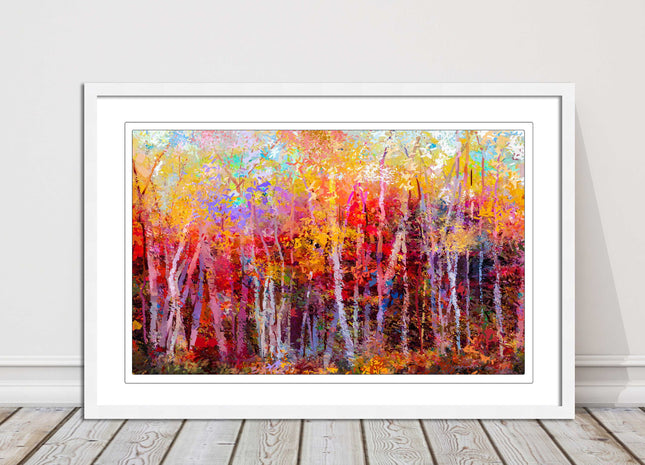 Colourful Autumn trees. Oil painting vibrant colours framed picture print choice