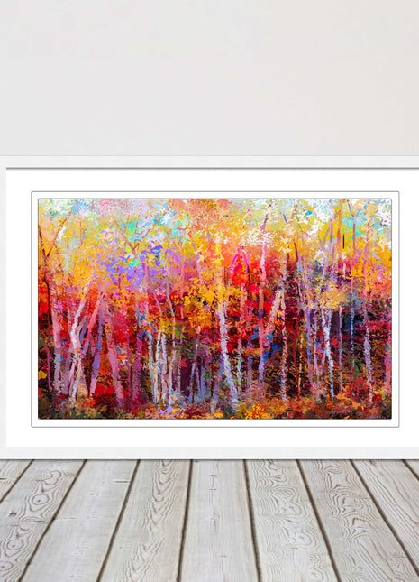 Colourful Autumn trees. Oil painting vibrant colours framed picture print choice