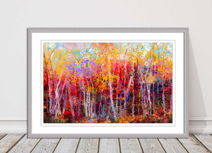 Colourful Autumn trees. Oil painting vibrant colours framed picture print choice