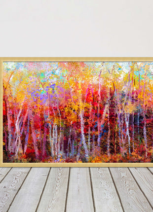Colourful Autumn trees. Oil painting vibrant colours framed picture print choice