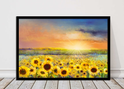 Sunflower field under a sunset. Framed picture with choice of frame colours.