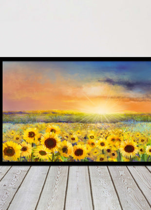 Sunflower field under a sunset. Framed picture with choice of frame colours.