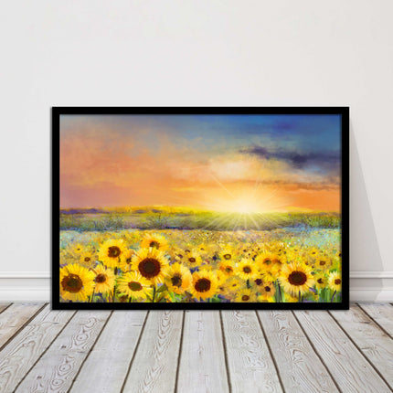 Sunflower field under a sunset. Framed picture with choice of frame colours.
