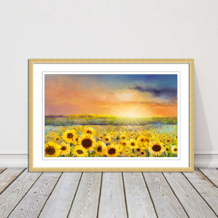 Sunflower field under a sunset. Framed picture with choice of frame colours.
