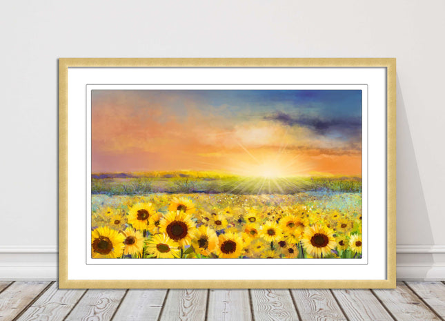 Sunflower field under a sunset. Framed picture with choice of frame colours.