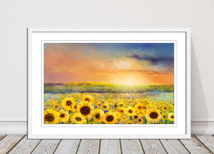 Sunflower field under a sunset. Framed picture with choice of frame colours.