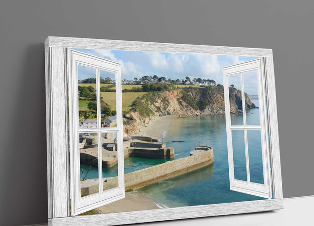 window frame view Charlestown harbour, Cornwall canvas picture print