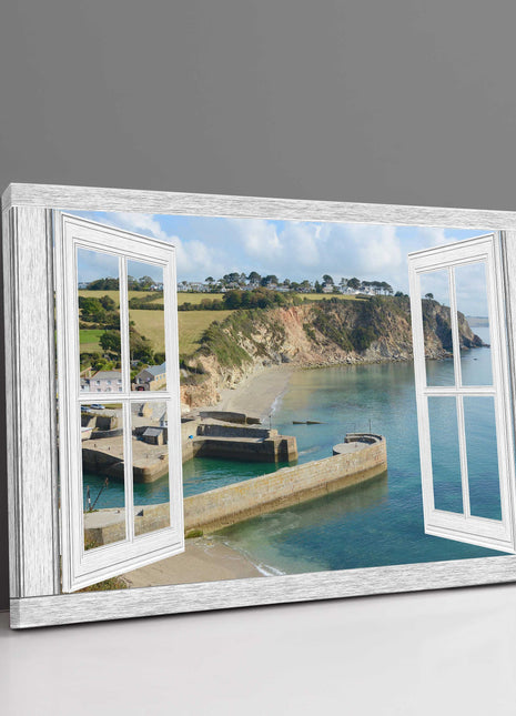window frame view Charlestown harbour, Cornwall canvas picture print