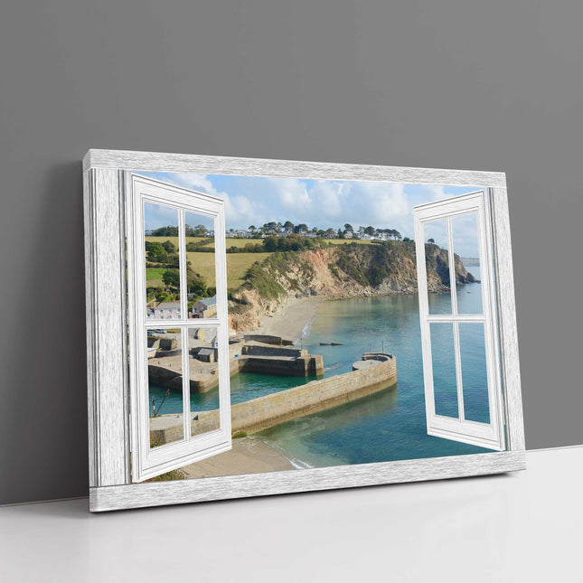 window frame view Charlestown harbour, Cornwall canvas picture print