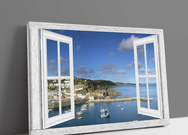 Window frame. Mevagissey harbour Cornwall. Canvas picture print