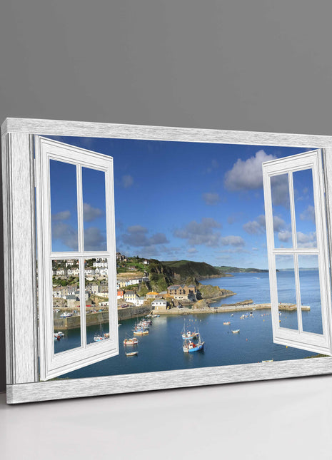 Window frame. Mevagissey harbour Cornwall. Canvas picture print