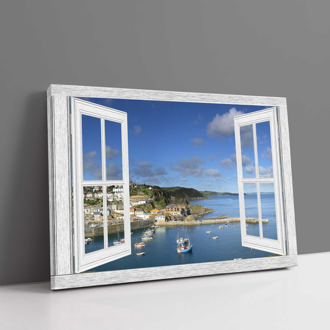 Window frame. Mevagissey harbour Cornwall. Canvas picture print