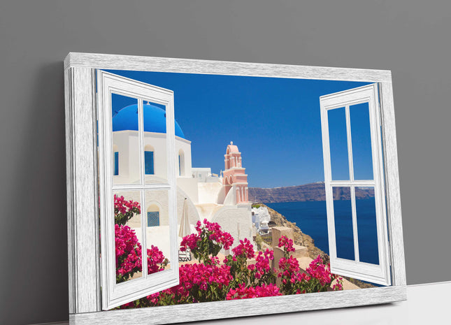 Open window canvas picture print santorini greece window frame style