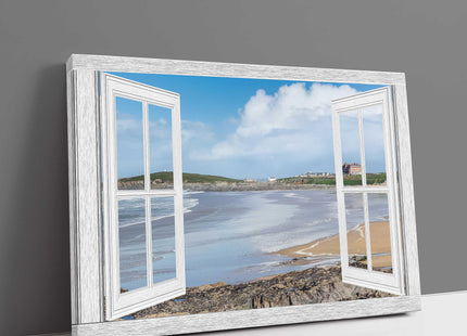 Window frame Canvas Print. Fistral Beach canvas picture print white window frame