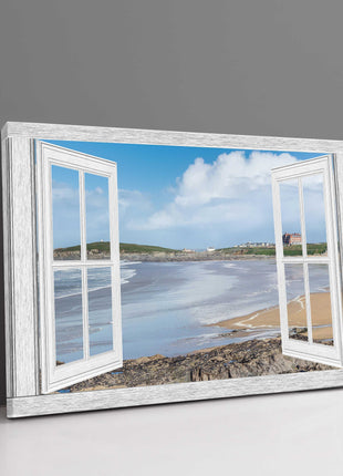 Window frame Canvas Print. Fistral Beach canvas picture print white window frame