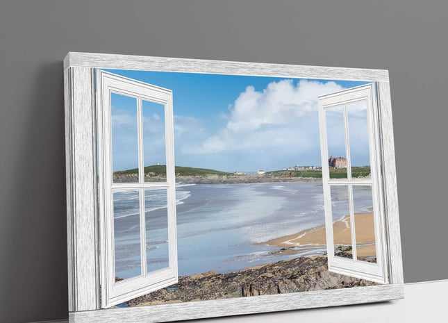 Window frame Canvas Print. Fistral Beach canvas picture print white window frame
