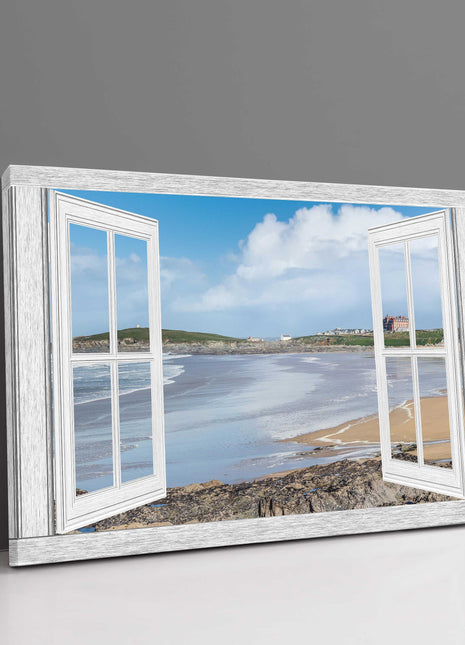 Window frame Canvas Print. Fistral Beach canvas picture print white window frame