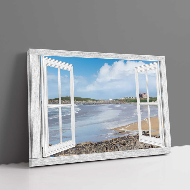 Window frame Canvas Print. Fistral Beach canvas picture print white window frame