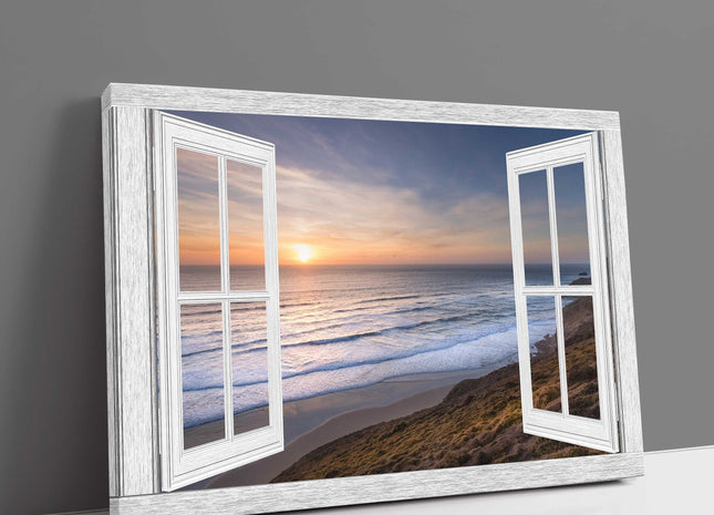 window frame style canvas art at watergate bay sunset canvas picture print open