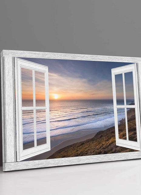 window frame style canvas art at watergate bay sunset canvas picture print open