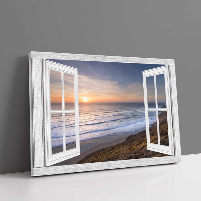 window frame style canvas art at watergate bay sunset canvas picture print open