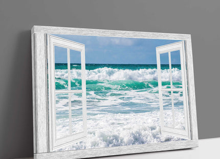 Window frame ocean waves tropical colours cornish surf canvas picture print