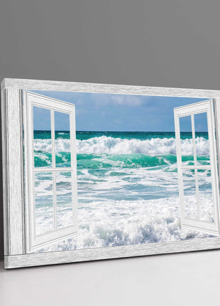 Window frame ocean waves tropical colours cornish surf canvas picture print