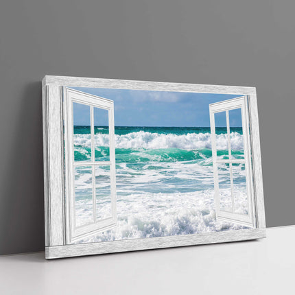 Window frame ocean waves tropical colours cornish surf canvas picture print