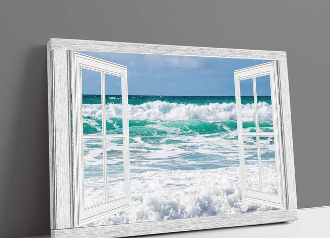 Window frame ocean waves tropical colours cornish surf canvas picture print