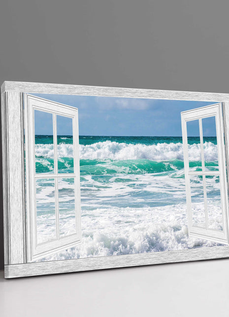 Window frame ocean waves tropical colours cornish surf canvas picture print