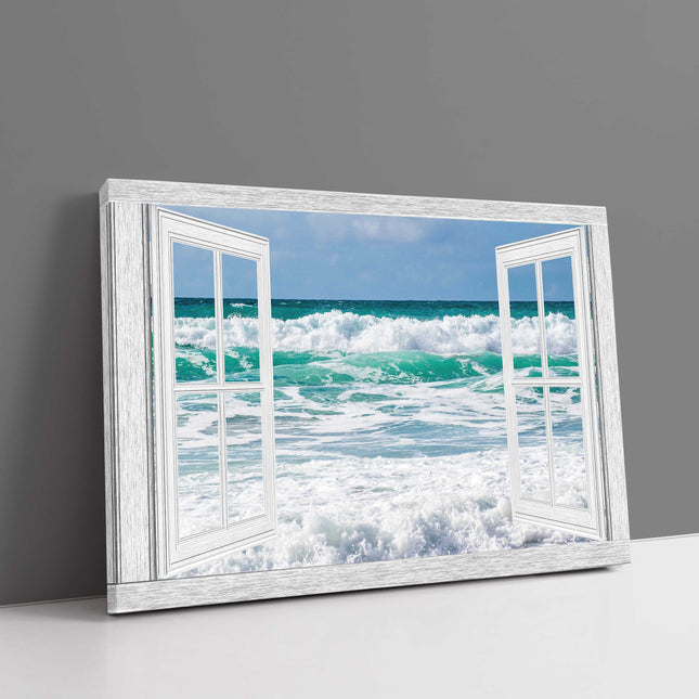 Window frame ocean waves tropical colours cornish surf canvas picture print