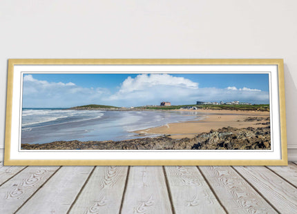 Fistral Beach, Newquay. Panoramic framed picture print, Cornwall beach scene.