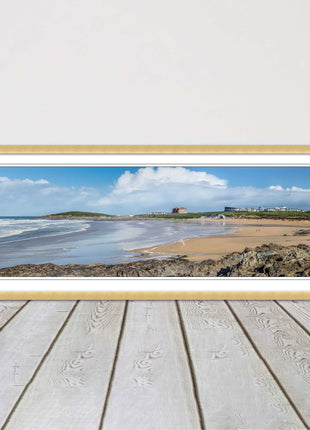 Fistral Beach, Newquay. Panoramic framed picture print, Cornwall beach scene.