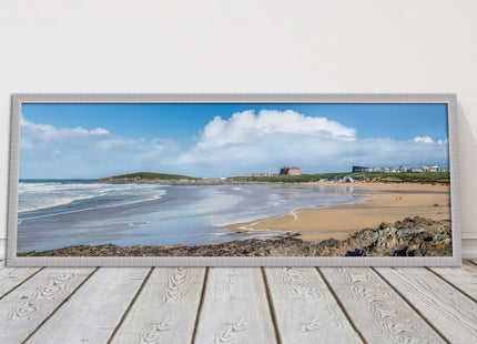 Fistral Beach, Newquay. Panoramic framed picture print, Cornwall beach scene.