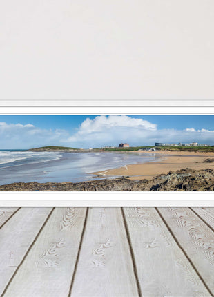 Fistral Beach, Newquay. Panoramic framed picture print, Cornwall beach scene.