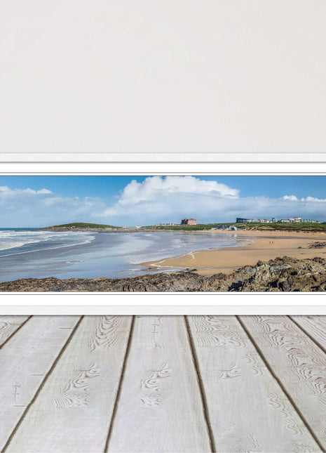 Fistral Beach, Newquay. Panoramic framed picture print, Cornwall beach scene.