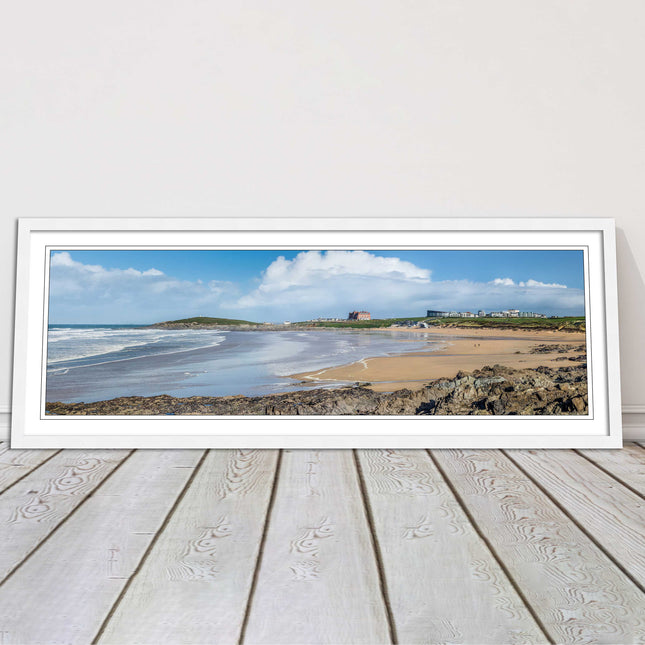 Fistral Beach, Newquay. Panoramic framed picture print, Cornwall beach scene.