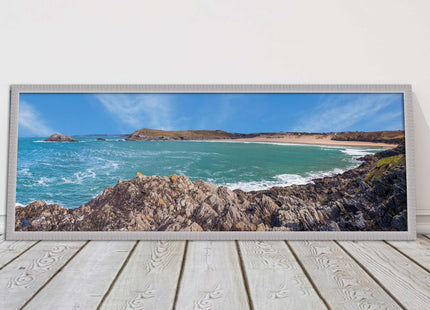 Crantock Beach at low tide. Panoramic framed picture print, Cornwall beach scene