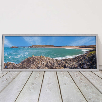 Crantock Beach at low tide. Panoramic framed picture print, Cornwall beach scene