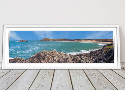 Crantock Beach at low tide. Panoramic framed picture print, Cornwall beach scene