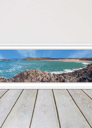 Crantock Beach at low tide. Panoramic framed picture print, Cornwall beach scene