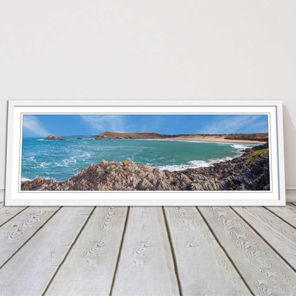 Crantock Beach at low tide. Panoramic framed picture print, Cornwall beach scene