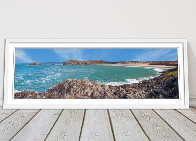 Crantock Beach at low tide. Panoramic framed picture print, Cornwall beach scene