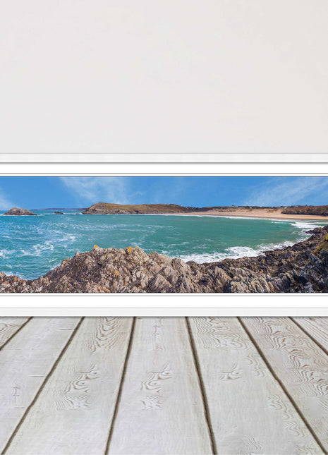Crantock Beach at low tide. Panoramic framed picture print, Cornwall beach scene