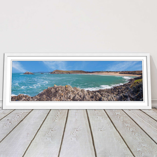 Crantock Beach at low tide. Panoramic framed picture print, Cornwall beach scene