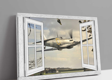 Open window frame with spitfire flyby canvas picture print art
