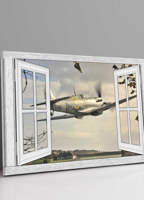 Open window frame with spitfire flyby canvas picture print art