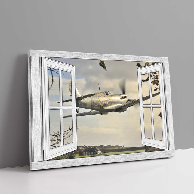 Open window frame with spitfire flyby canvas picture print art