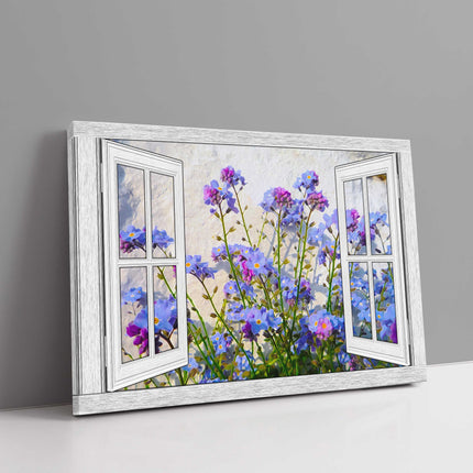 Window frame Canvas Print. Forget me nots, white stone wall background.